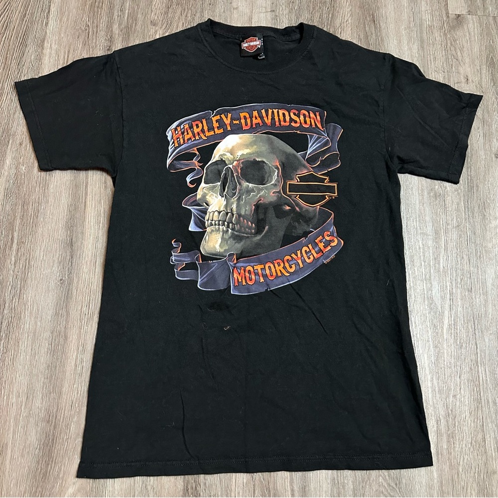 Harley Davidson motorcycles black orange skull graphic logo t shirt
